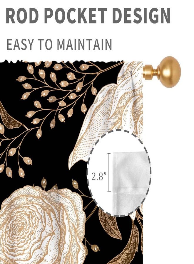 TKUYO Black Floral Curtains, Boho Vintage Black Gold Peony Rose Gothic Spring Flower Blossom Art Printed Aesthetic Retro Country Window Drapes for Kitchen Bedroom Living Room Bathroom 2 Panels, 84"x63" Inch - Image 5